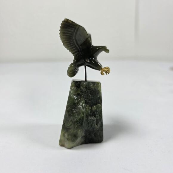 Carved Green Jade Eagle Figure Landing On Base With Gold Talons - Picture 2 of 9